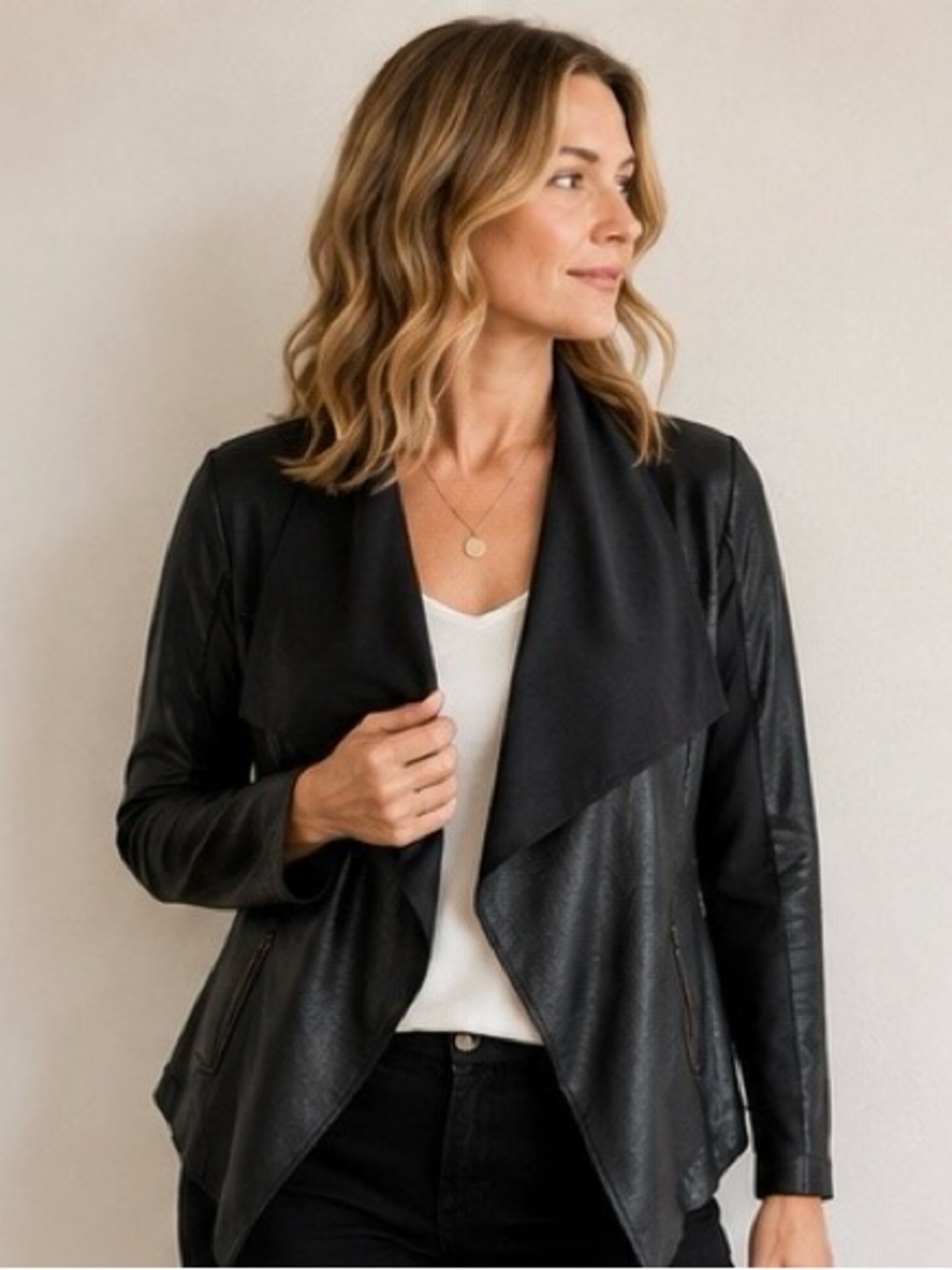 Peck & Peck Jacket Black Faux Leather & Suede Draped Cardigan Waterfall Collar M